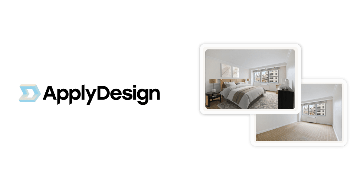 Logotipo de la empresa para Apply Design con imágenes destacadas de una habitación vacía con suelo de baldosas amarillas y paredes blancas y un dormitorio totalmente amueblado