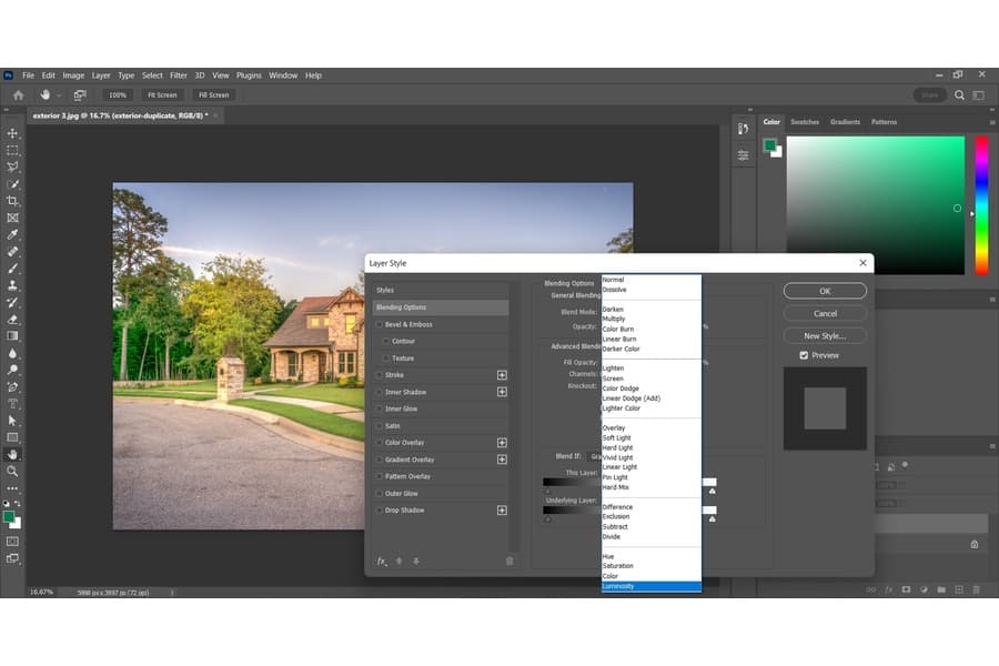 Selecting Luminosity in Photoshop to edit  a picture of the exterior of a house during twilight