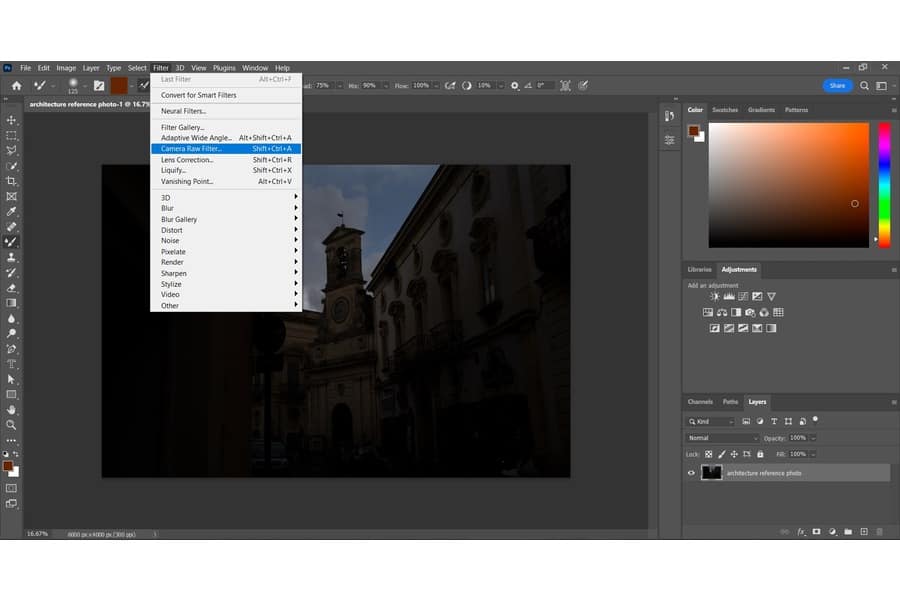 Opening the Camera Raw Filter in Adobe Camera Raw using an image of an old architectural building
