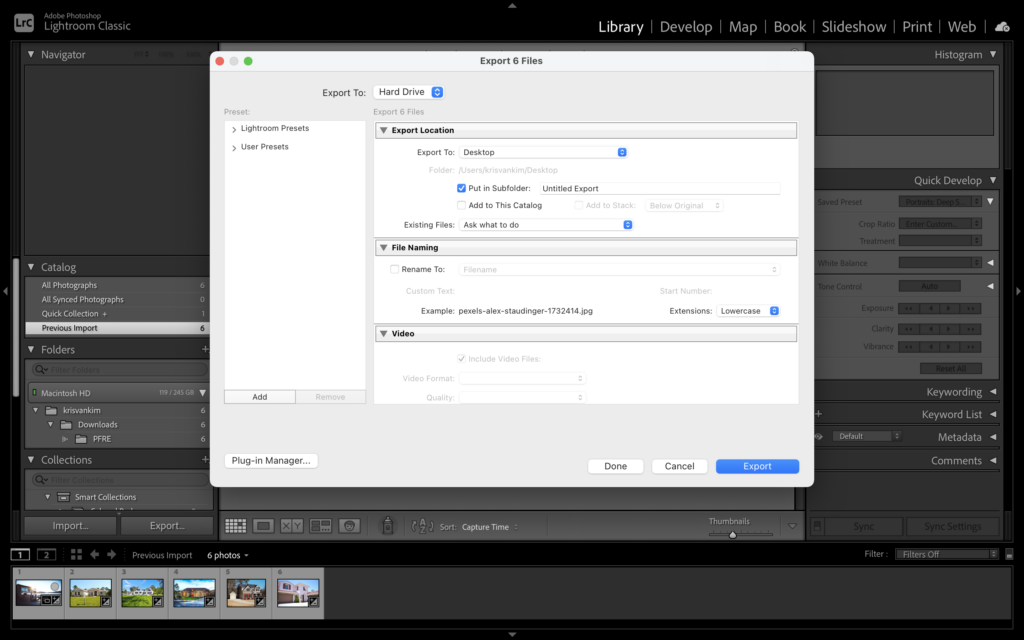 Exporting photos to hard drive in Lightroom