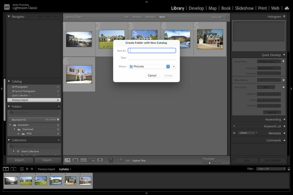 Creating a new catalog to organize the beautifully captured real estate images in Lightroom