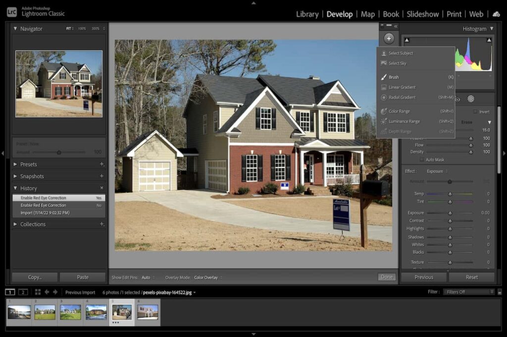 Editing the image of A white, grey, and red house with a big front yard using Radial Filter in Lightroom