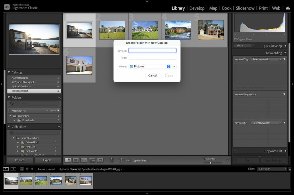 Creating a folder with a new catalog in Lightroom