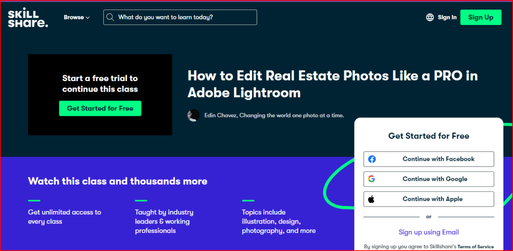 How to Edit Real Estate Photos Like a Pro in Adobe Lightroom homepage with lists of what you will expect from the course