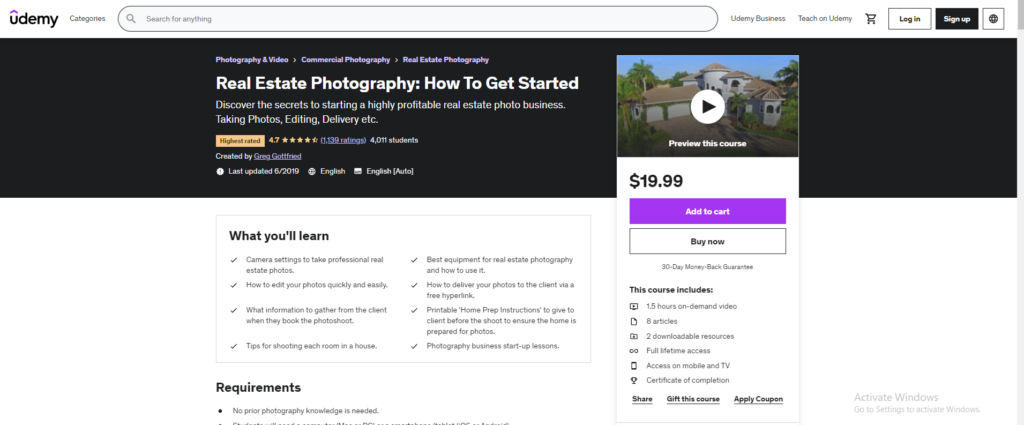 Real Estate Photography: How To Get Started homepage where the list of what you will learn and the requirements are present