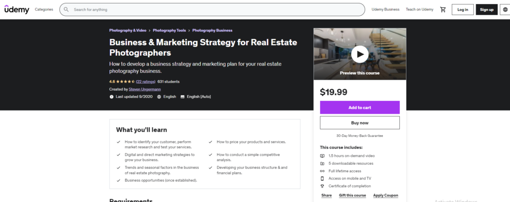 Business & Marketing Strategy for Real Estate Photographers homepage with lists of what you can learn from the course