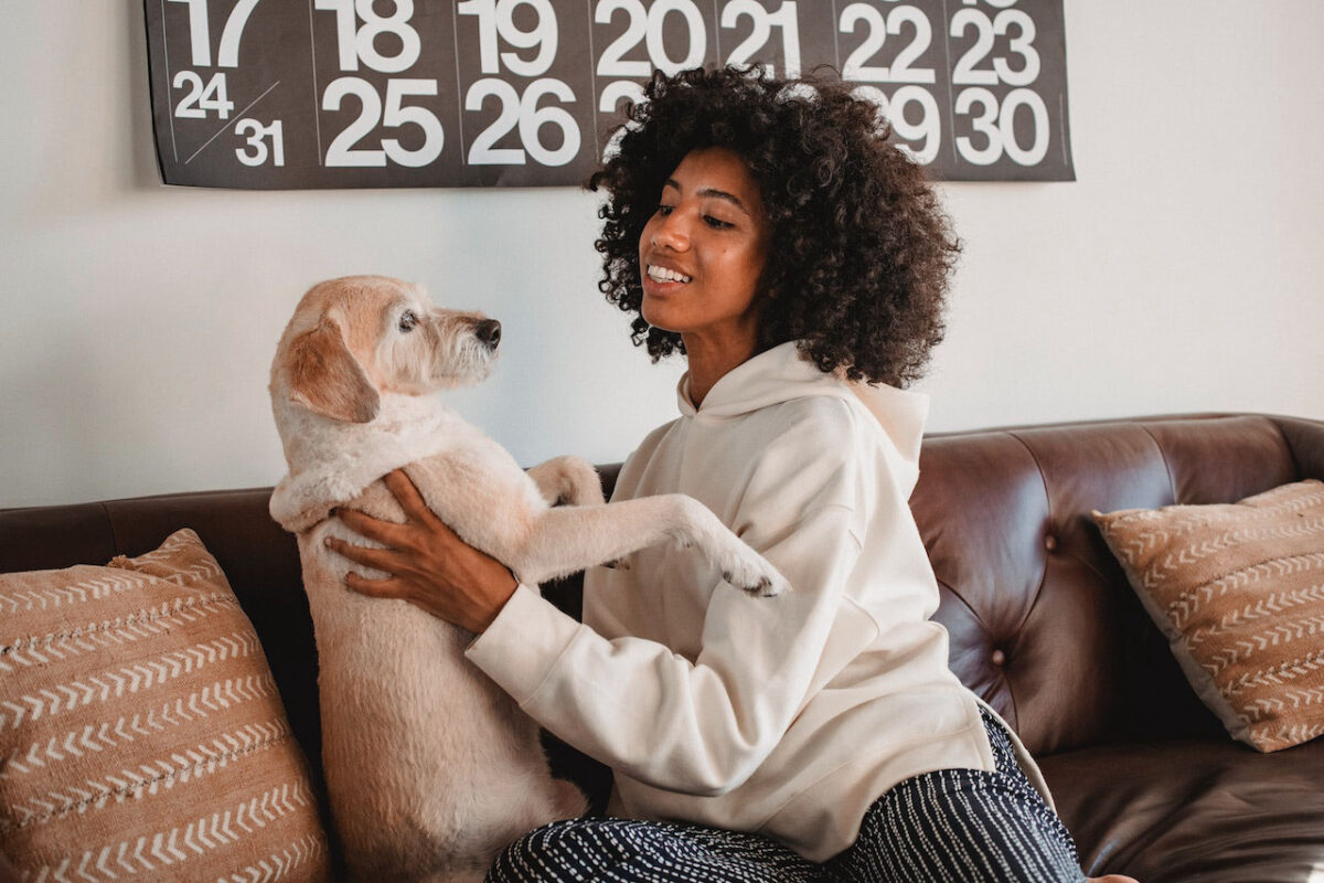 A woman with brown curly hair is holding a white and brown-furred dog while sitting on a brown couch near the white wall of the living room