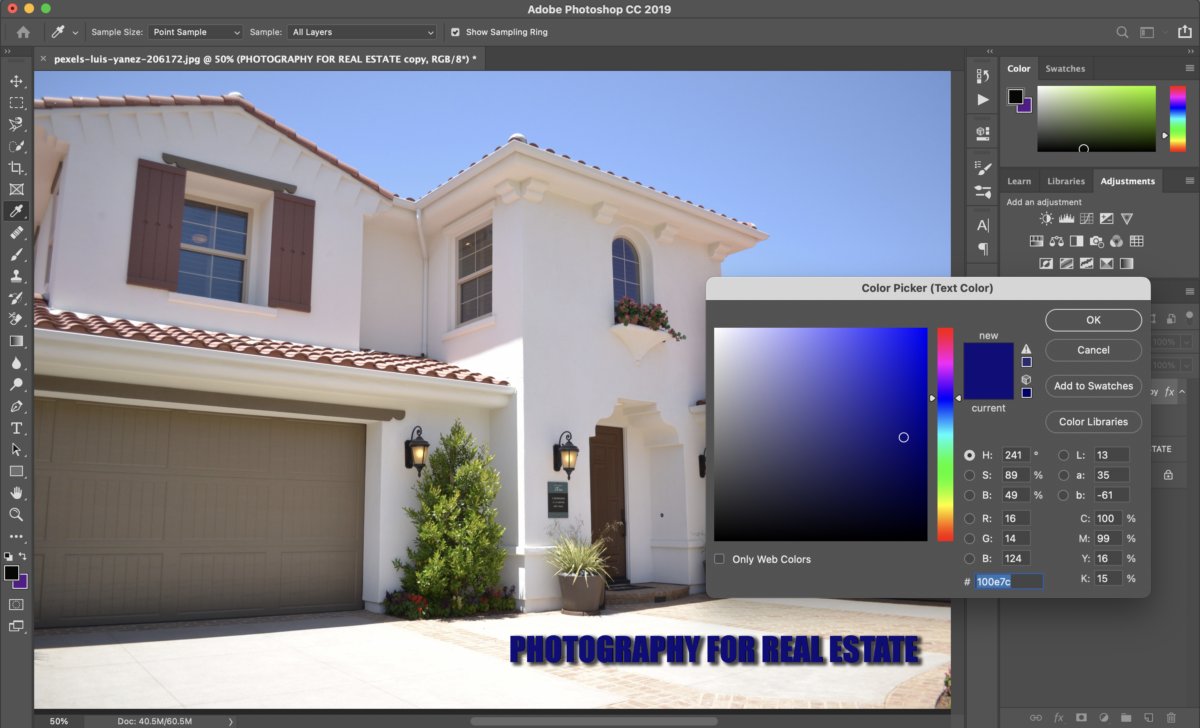 The Color Picker window changes the color of the text in the image of a white house with a brown roof and two brown garage doors