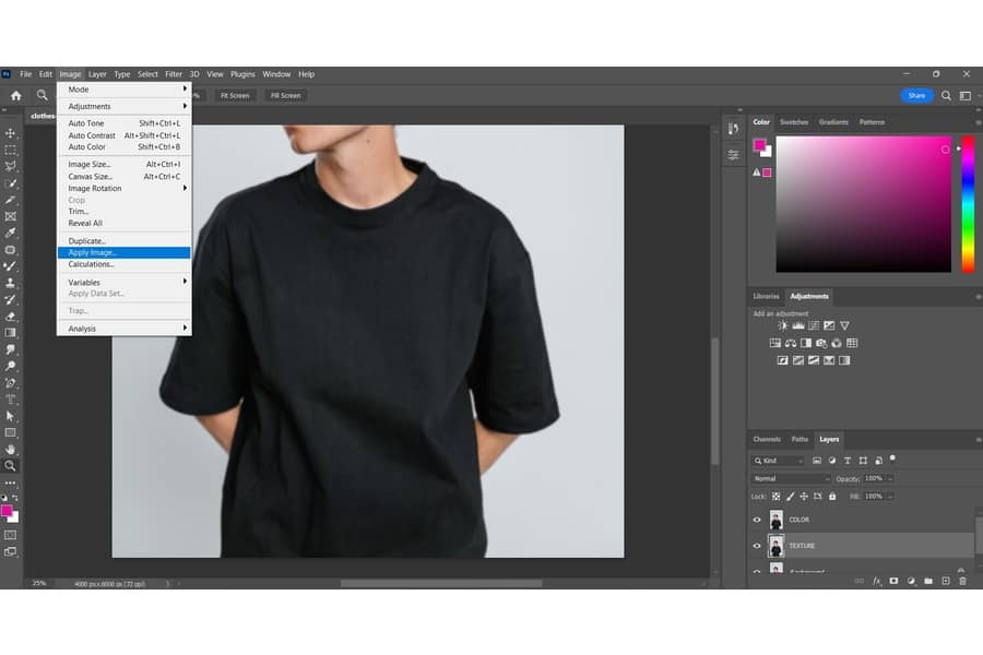 Fare clic su Immagine e selezionare Applica immagine in Photoshop