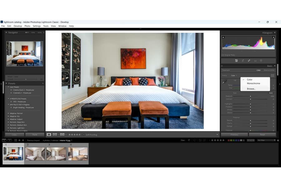 Lightroom Profiles shows an image of a well-lit bedroom with a large bed on top of a gray carpet