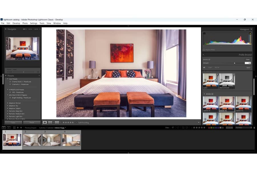 Lightroom Profiles mostra l'immagine di una camera da letto ben illuminata con un grande letto sopra un tappeto grigio vicino a due comodini in legno