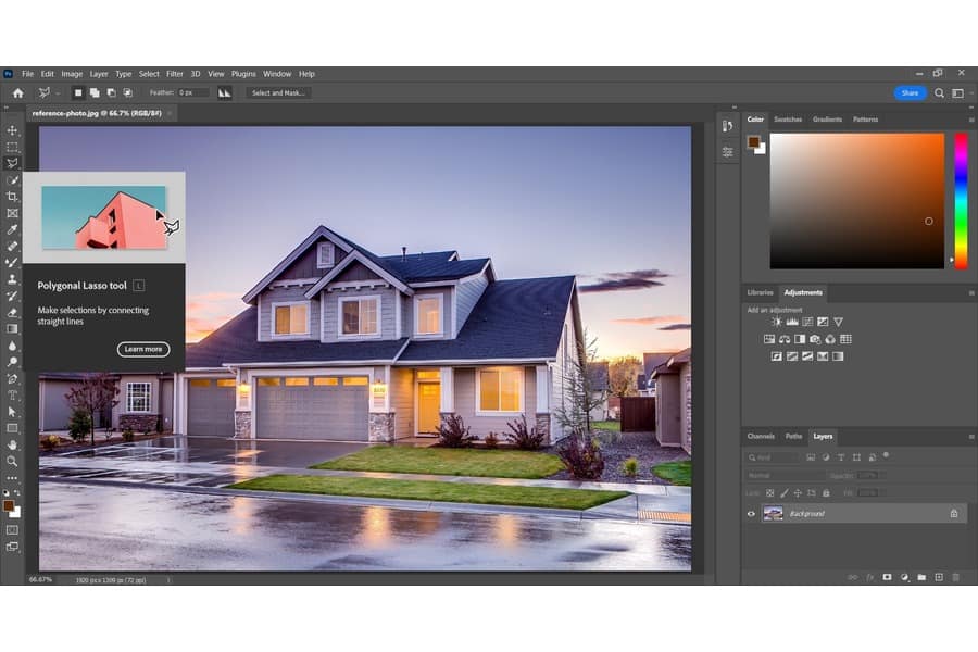 Chọn công cụ lasso đa giác trong Photoshop khi chỉnh sửa nhà hai tầng