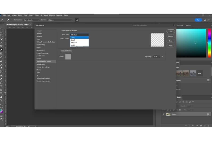 Choosing the transparency settings in Photoshop