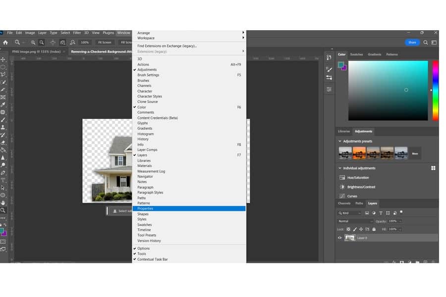 Choosing the Properties feature when removing the checkered background of a house in Photoshop