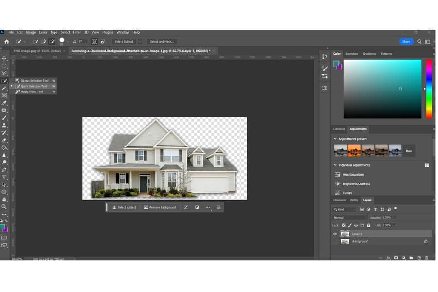 Using the Quick Selection tool in Photoshop to remove the checkered background in an image of a house