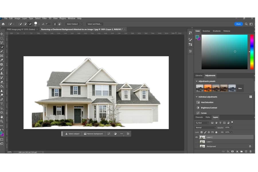 Gambar rumah dengan latar belakang putih setelah menggunakan alat Quick Selection di Photoshop