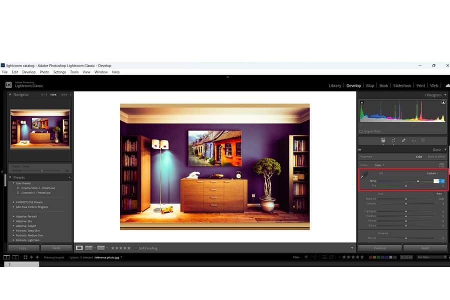 A photo of a room being edited on Lightroom software showing the temperature options