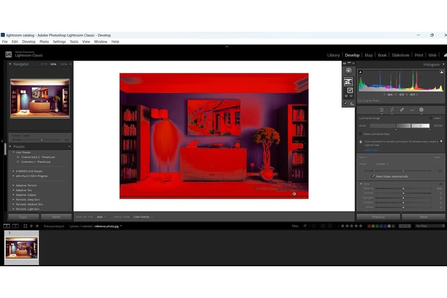 A photo of a room being edited on Lightroom software showing the reset slider options