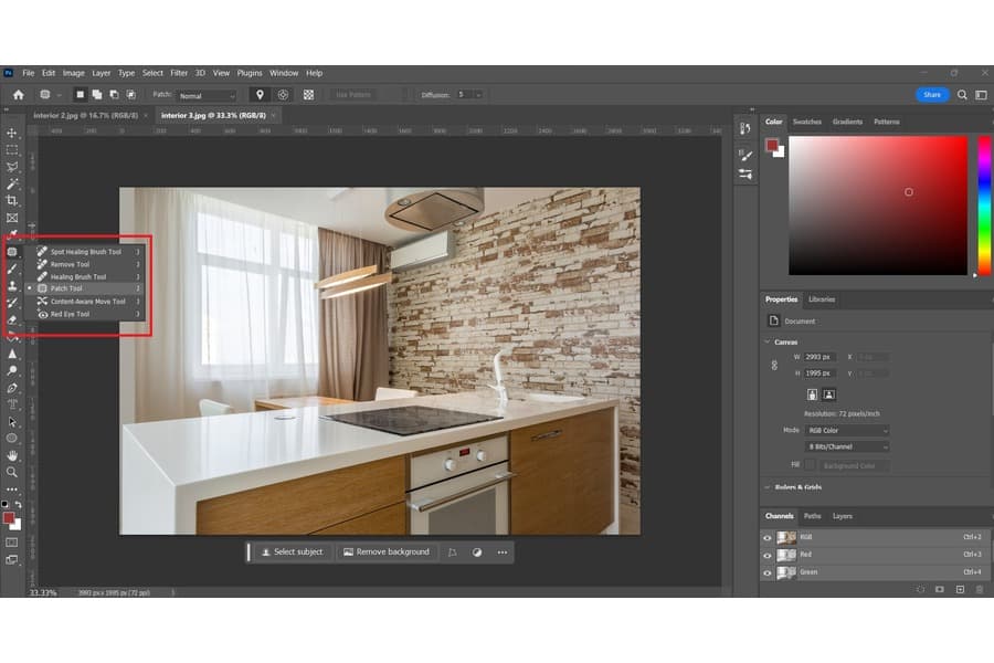 Lò nấu và bếp màu trắng đang được chỉnh sửa bằng công cụ vá lỗi trong Photoshop