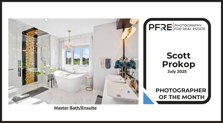 Image banner for the July 2025 PFRE Photographer of the Month Winner Scott Prokop, with a featured image of his winning photo titled "Primary Bath/Ensuite"