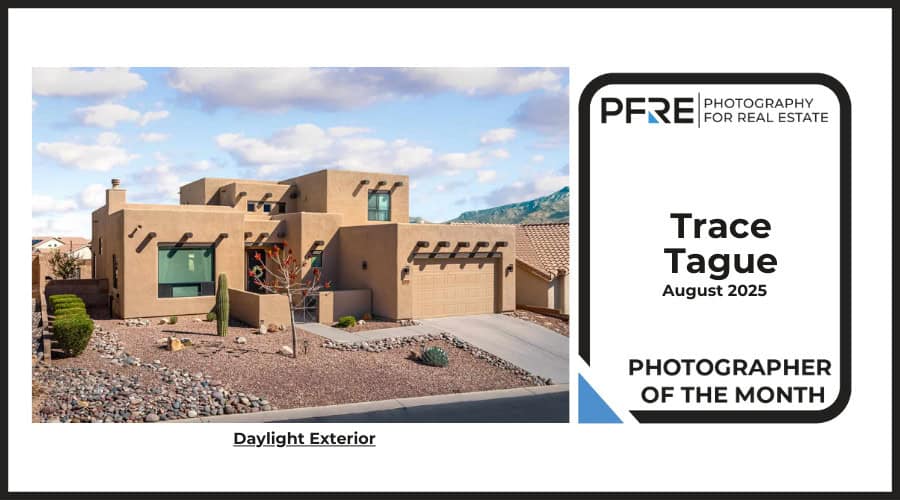Image banner for the August 2025 PFRE Photographer of the Month Winner Trace Tague, with a featured image of his winning photo titled "Daylight Exterior"