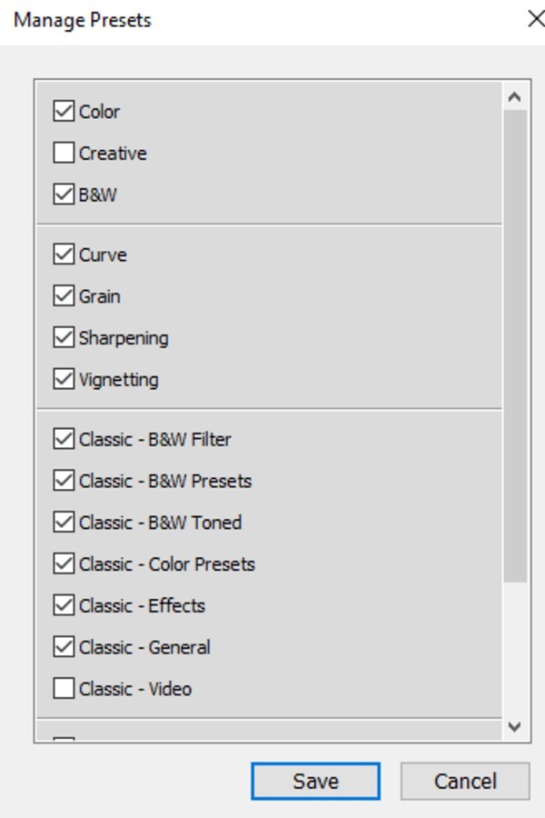 Unchecking to hide unwanted default presets