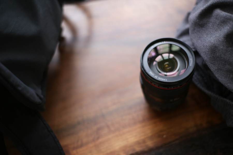 A Canon lens on a table