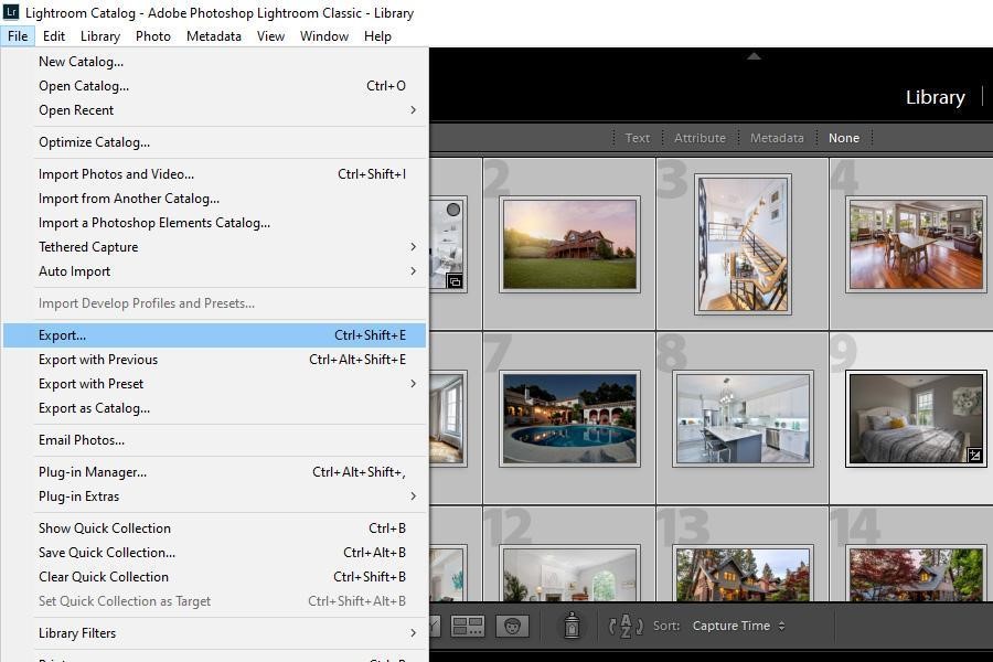 Lightroom Export option from drop down menu