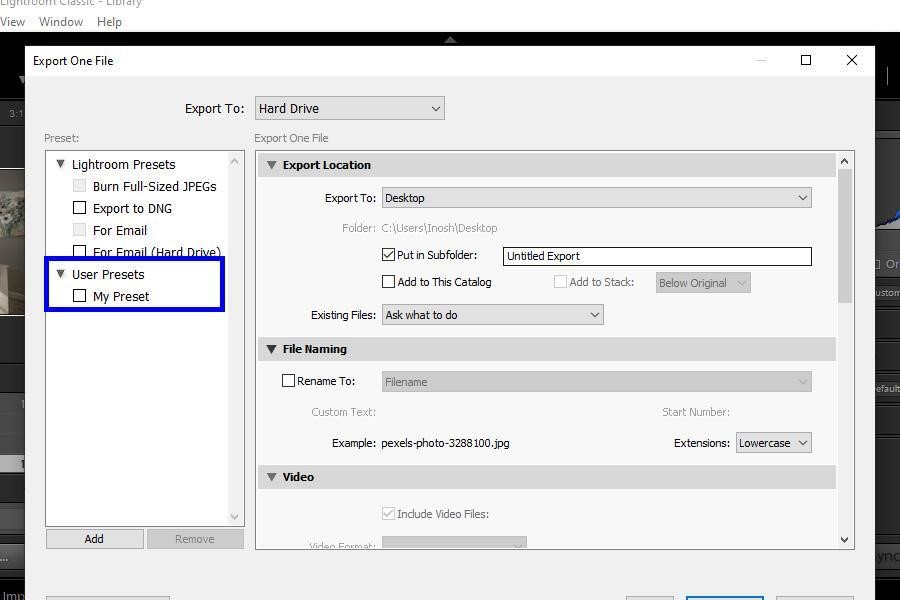 Selecting the Multi-Batch Export Presets