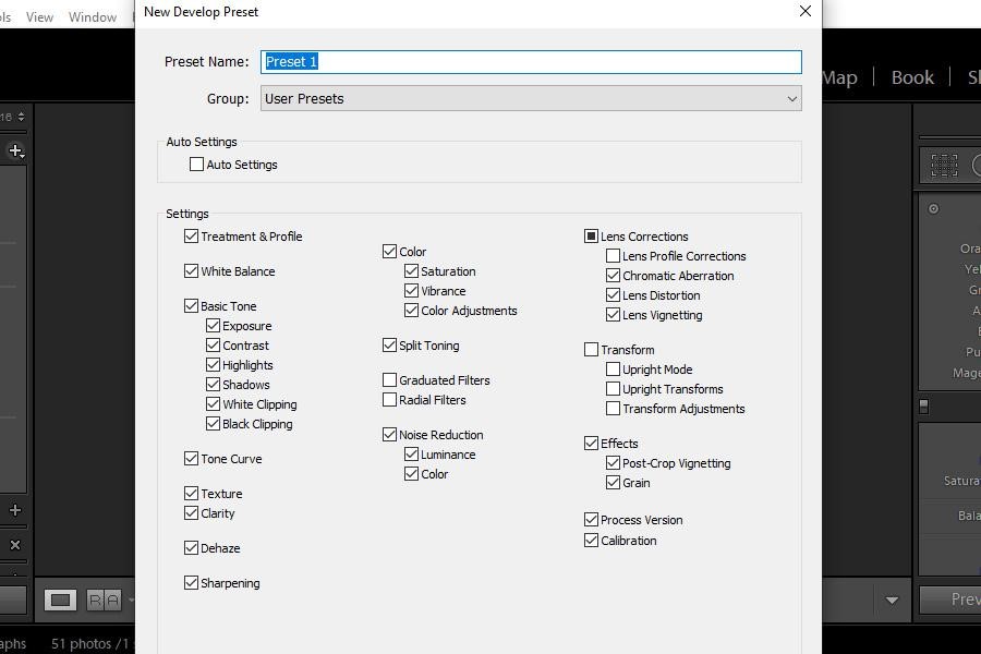 Dialog box for creating a preset