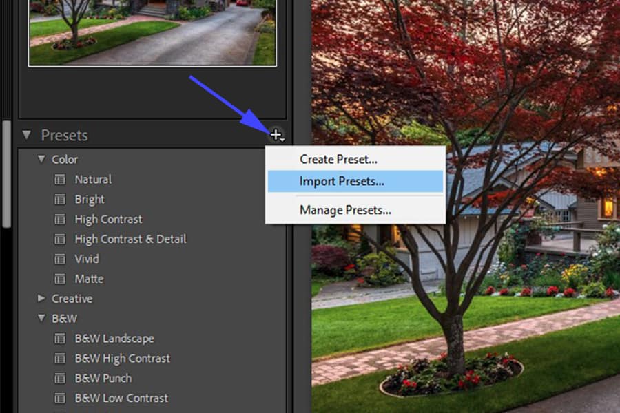 Arrow pointing to icon with option to import presets in Lightroom