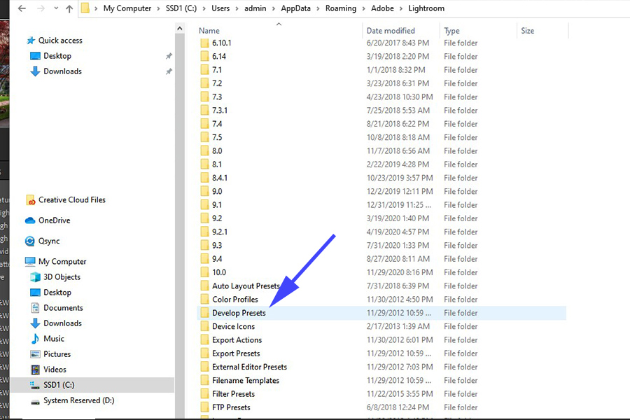 Develop Presets folder in Lightroom