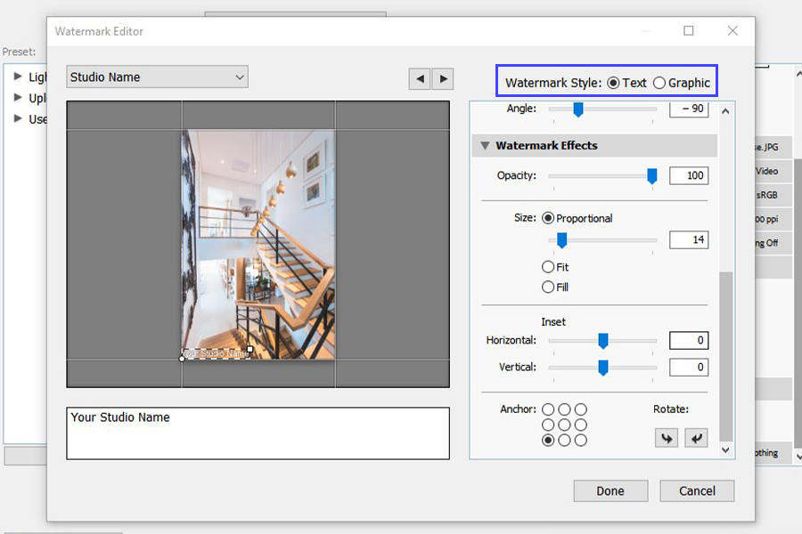 Watermark style options in Lightroom