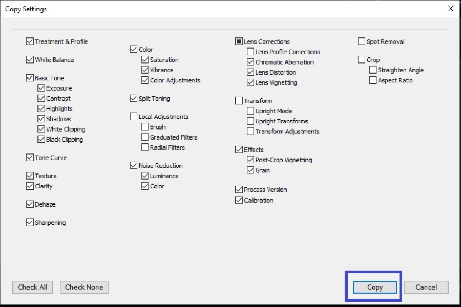 Adjusting copy settings before making multiple edits in Lightroom