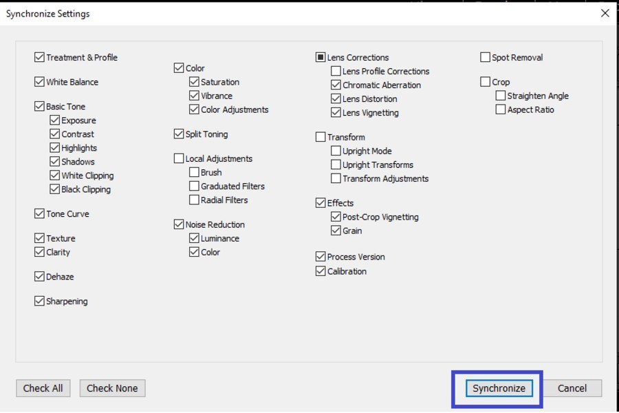 Synchronize settings for copying edits in Lightroom