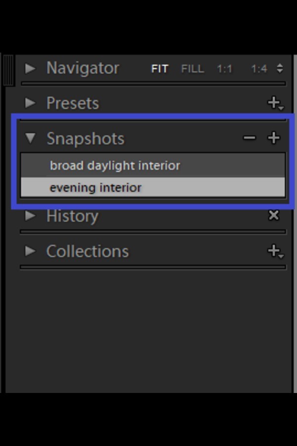 Snapshots options in Lightroom