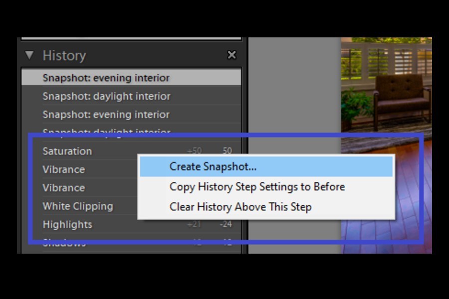 Creating a snapshot from History panel in Lightroom