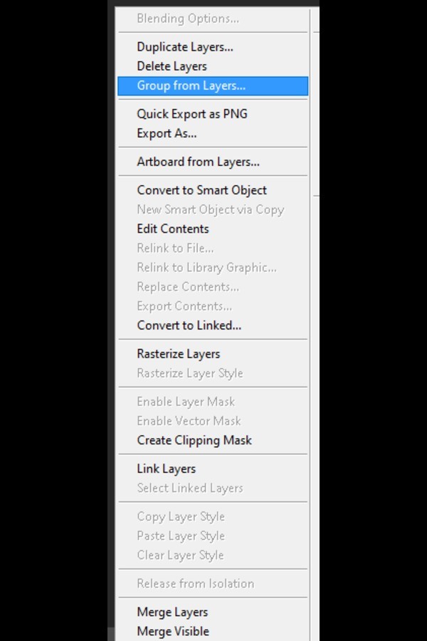 Using the Right Click Menu to group layers in Photoshop