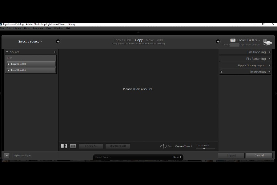 Selecting a source when importing images into Lightroom