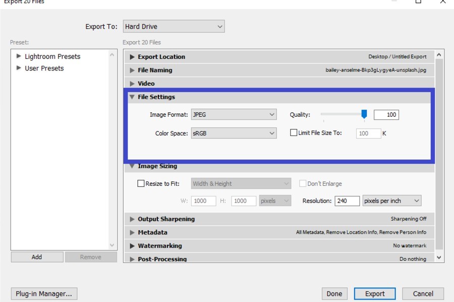 Determining the quality of the exported image