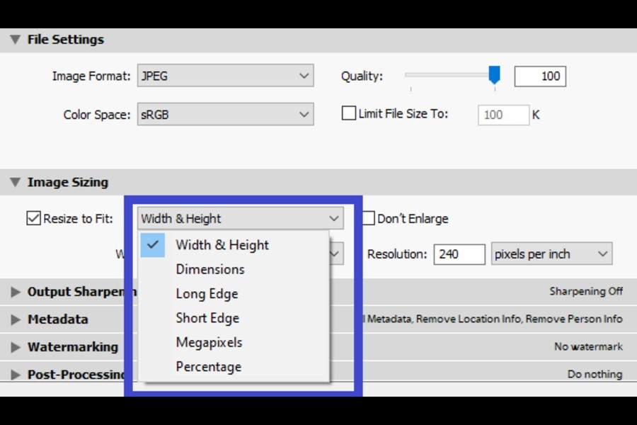 Manipulating the image sizing in Lightroom