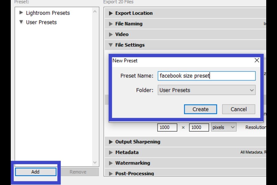 Naming the export preset in Lightroom