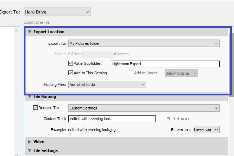 Add to This Catalog option in Export Location settings in Lightroom