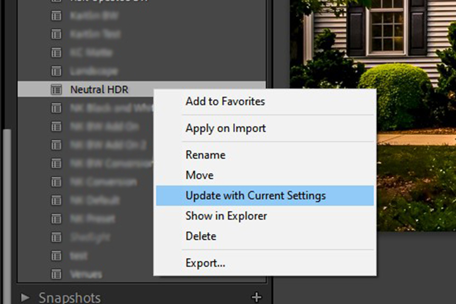 Selecting the Update With Current Settings option after saving a preset in Lightroom