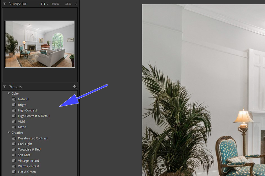 Arrow pointing to default Lightroom presets