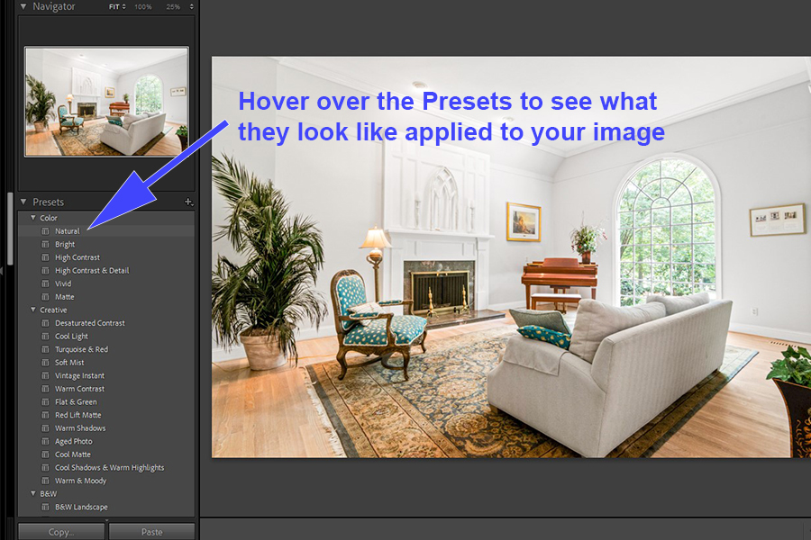 Cursor hovering Lightroom preset to see preview